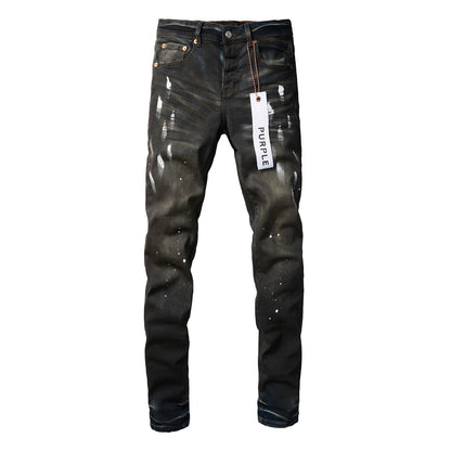 Mens Purple Ripped Jeans Stylish Slim Fit Black Paint High Street Denim Pants 9036