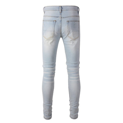 High Street Trend Light Blue Patch Embroidery Flower Patch Slim Fit Ripped Jeans Men 6699