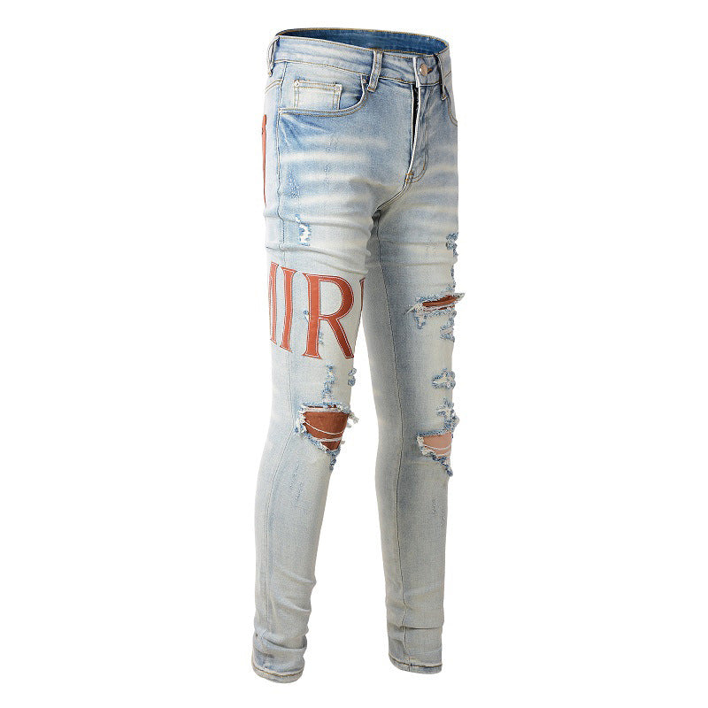 Vaqueros rotos con parches estilo callejero europeo y americano, pantalones ajustados de mezclilla estilo High Street #840