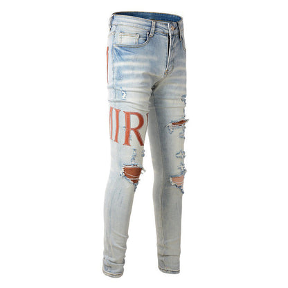 Vaqueros rotos con parches estilo callejero europeo y americano, pantalones ajustados de mezclilla estilo High Street #840