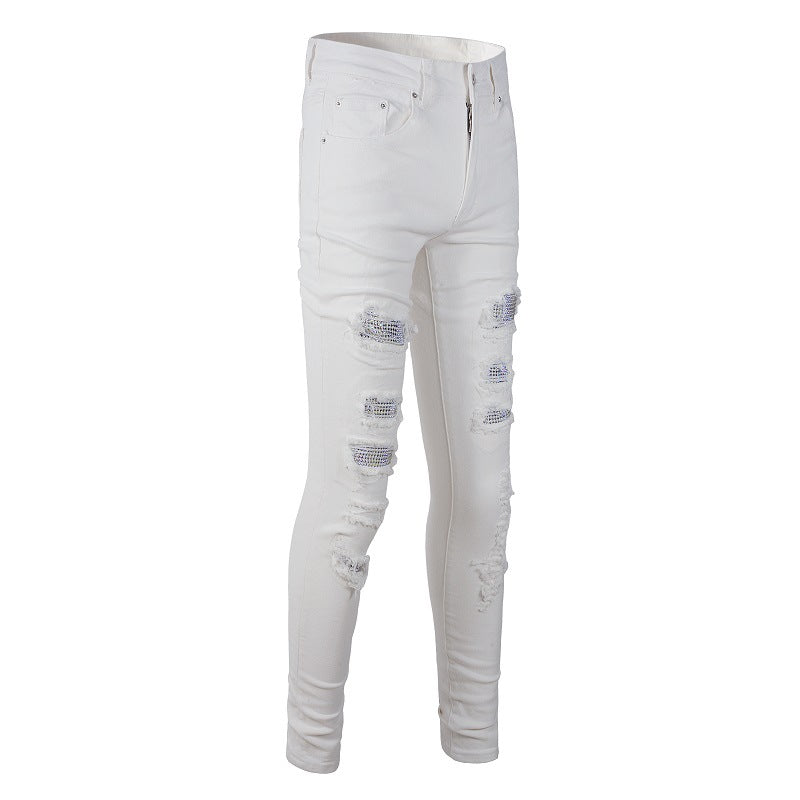 Foreign Trade Best-selling High Street Ripped Patch Diamond-encrusted Elastic Slim-fit White Jeans 7625