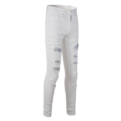 Foreign Trade Best-selling High Street Ripped Patch Diamond-encrusted Elastic Slim-fit White Jeans 7625