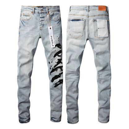 9048 Mens Purple Skinny Jeans with Ripped Detail Fashionable Denim Biker Pants with Patches and Printed Design Jeans Purple