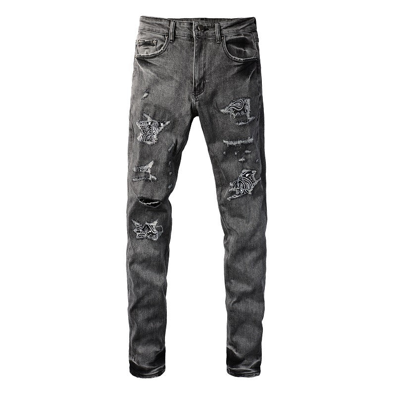 Vintage Washed Ripped Cashew Flower Patch Elastic Slim Small Feet Dark Grey Jeans (1000-8903)