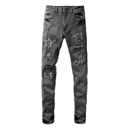 Vintage Washed Ripped Cashew Flower Patch Elastic Slim Small Feet Dark Grey Jeans (1000-8903)
