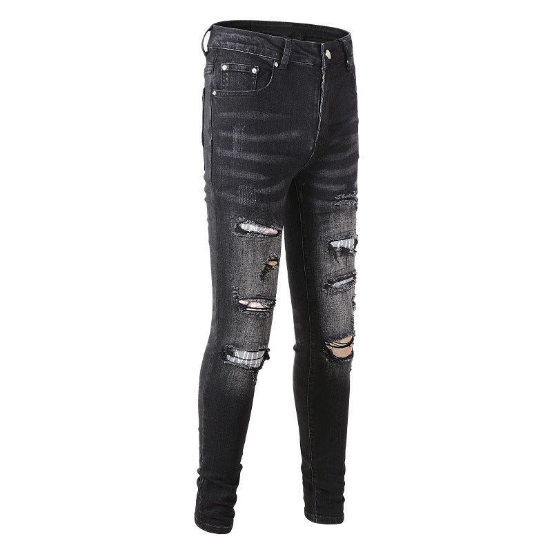 Jeans ajustados de mezclilla rasgados, microelásticos, de algodón, juveniles, con salpicaduras de pintura negra y estampado en la espalda #859