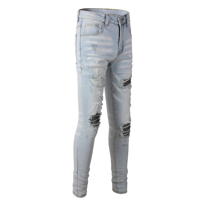 High Street Trend Light Blue Patch Embroidery Flower Patch Slim Fit Ripped Jeans Men 6699