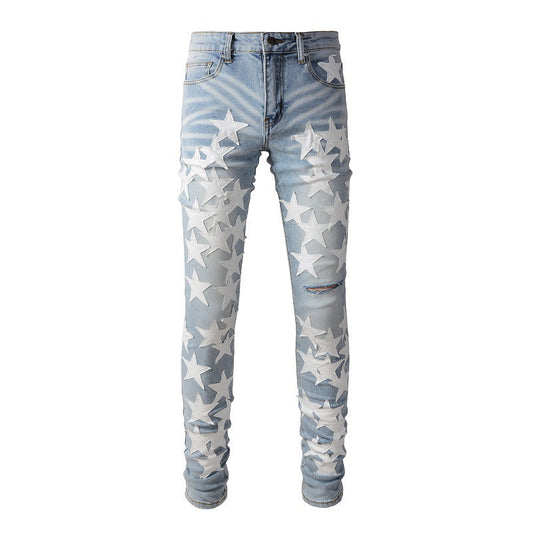 690 High Street Sticky White Star Trend Jeans High Craft Elastic Slim Fit Small Foot Jeans