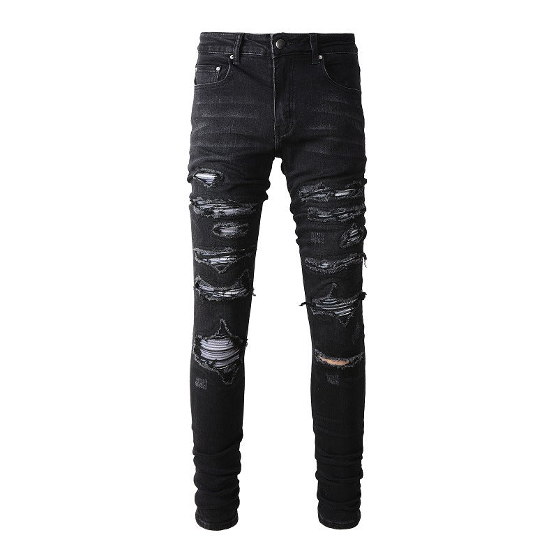 Vaqueros desgarrados de moda urbana europea y americana, pantalones elásticos ajustados de marea urbana para hombres #(891-8833)