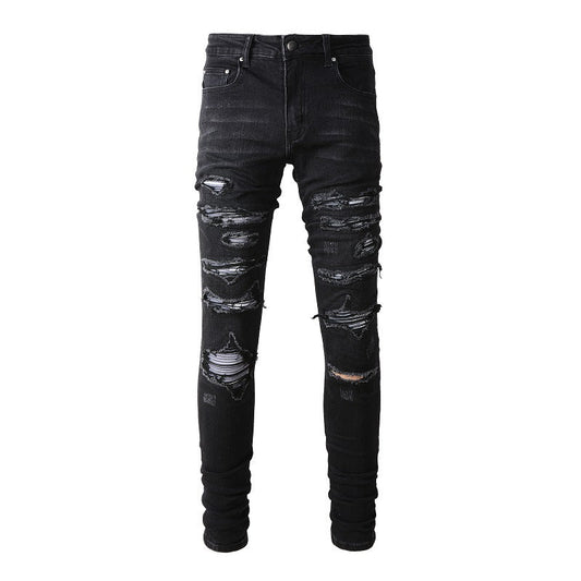 European and American Street Tide Ripped Patch Jeans High Street Tide Men's Elastic Slim Pants #(891-8833)
