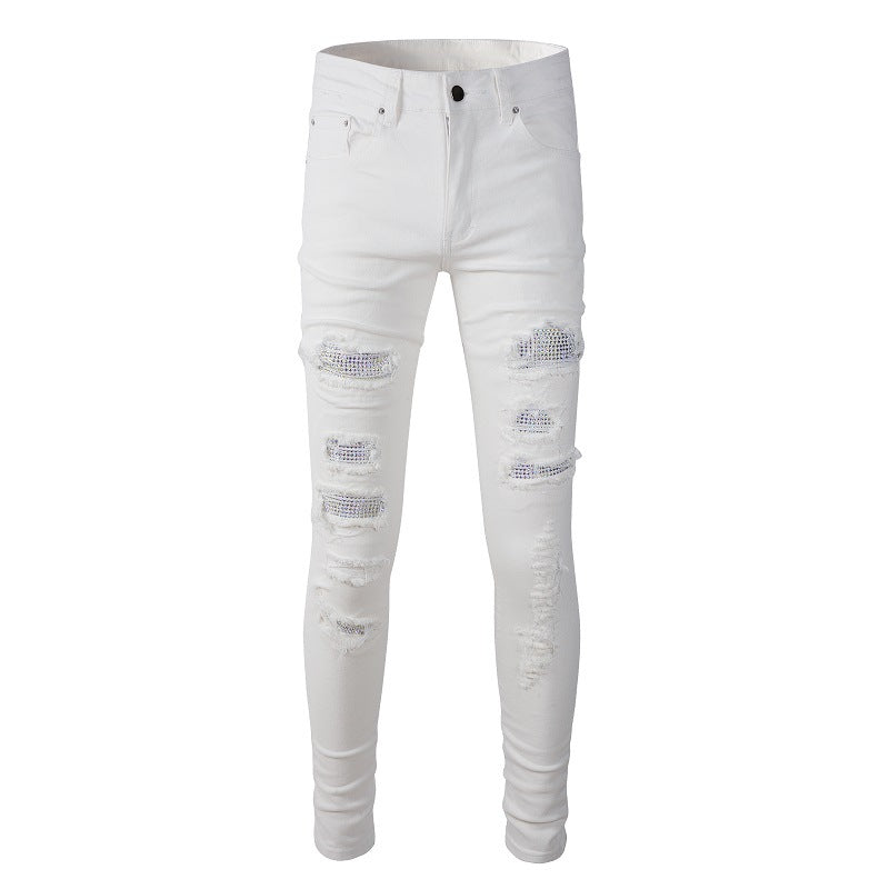 Foreign Trade Best-selling High Street Ripped Patch Diamond-encrusted Elastic Slim-fit White Jeans 7625