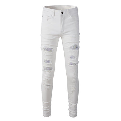 Foreign Trade Best-selling High Street Ripped Patch Diamond-encrusted Elastic Slim-fit White Jeans 7625