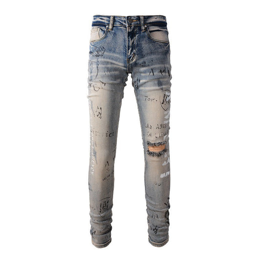Jeans slim en denim de coton, jeune, avec lettres colorées et peinture en aérosol, style 869 Fashion Street