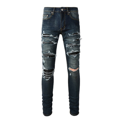 1320 European and American Trendy High Street Jeans, Ripped Patch Leather Slim fit Jeans