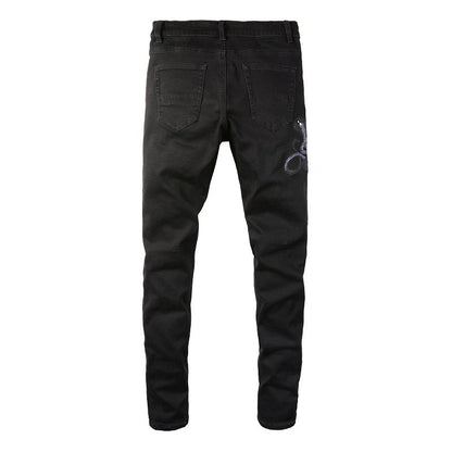 8560 Trendy Embroidered Cobra Ripped Patch Jeans Stretch Slim High Street Jeans