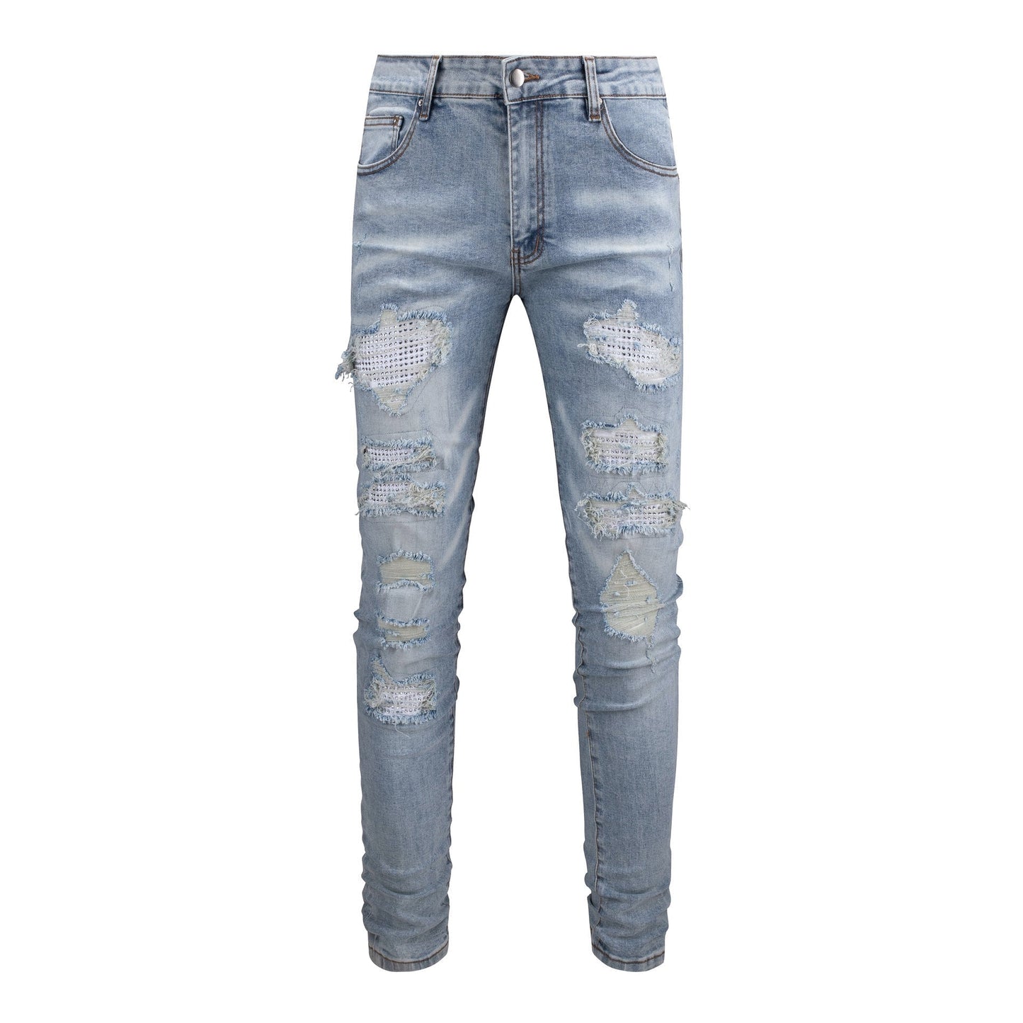 Men's Slim Fit White Jeans with Rhinestone Patches and Distressed Design 6808