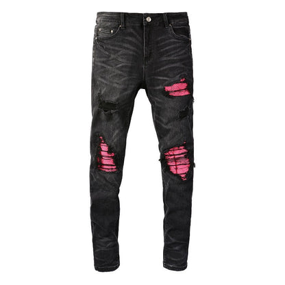 8806 Marque Tendance Rétro Jeans Patch Déchiré Jeans Homme Élastique, Slim et Fin
